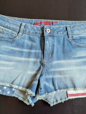 Arizona Jean Company Light Blue Distressed Denim Shorts with Flag Trim